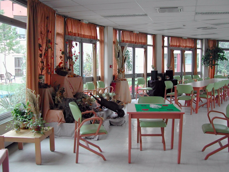 une salle avec des chaises et des plantes 