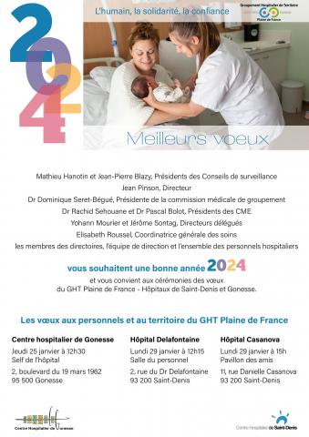 carte de voeux 2024 une sage femme tend un bébé à sa mère