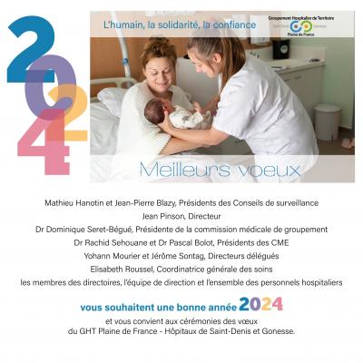 carte de voeux 2024 : une sage-femme tend un bébé à sa mère